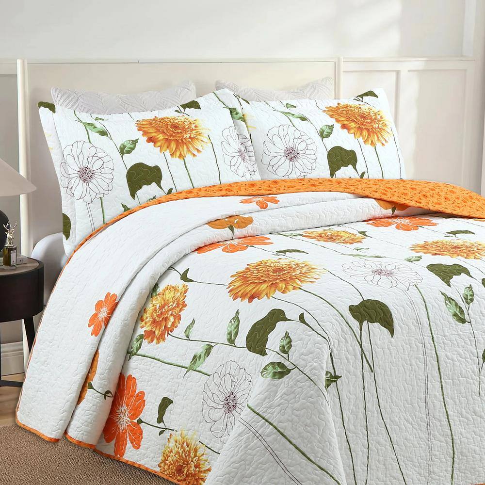 Queen Size Reversible Cotton Floral Quilt Bedspread Set