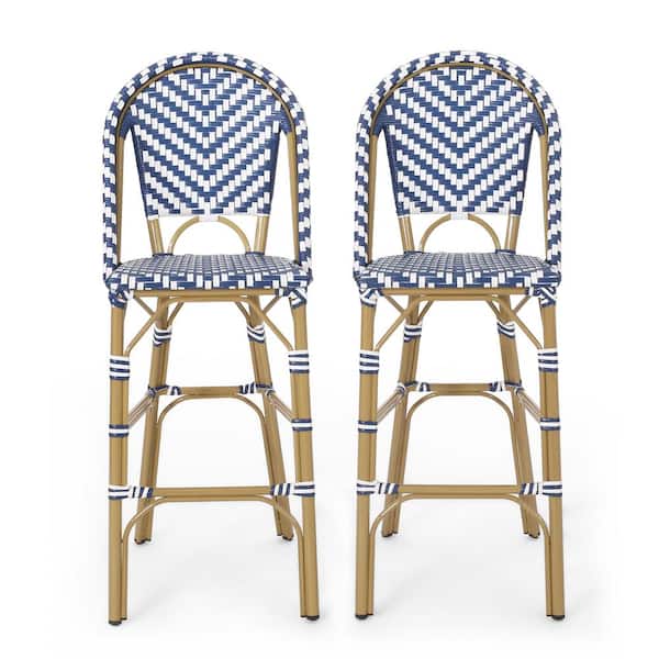 Noble House Gallia Navy Blue and White Aluminum Outdoor Bar Stool (2-Pack)