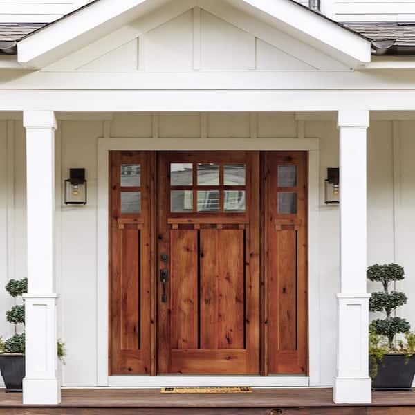 64 in. x 80 in. Craftsman Alder Clear 6-Lite Red Chestnut Stain Wood w.DS Right Hand Single Prehung Front Door/Sidelites