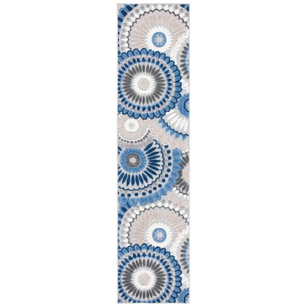 Cabana Gray/Blue 2 ft. x 9 ft. Medallion Floral Indoor/Outdoor Runner Rug