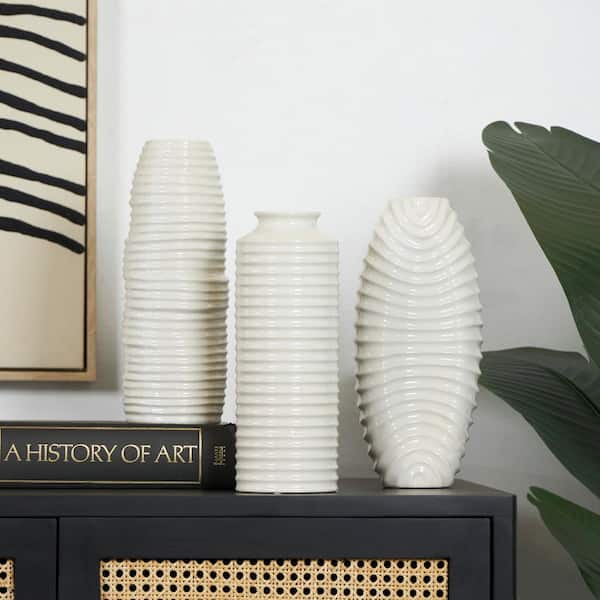 Litton Lane White Dimensional Ribbed Ceramic Decorative Vase with Varying Shapes (Set of 3)