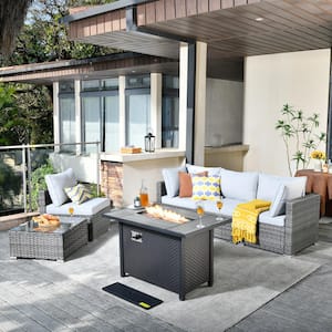 Messi Gray 6-Piece Wicker Outdoor Patio Conversation Sectional Sofa Set with a Metal Fire Pit and Light Gray Cushions