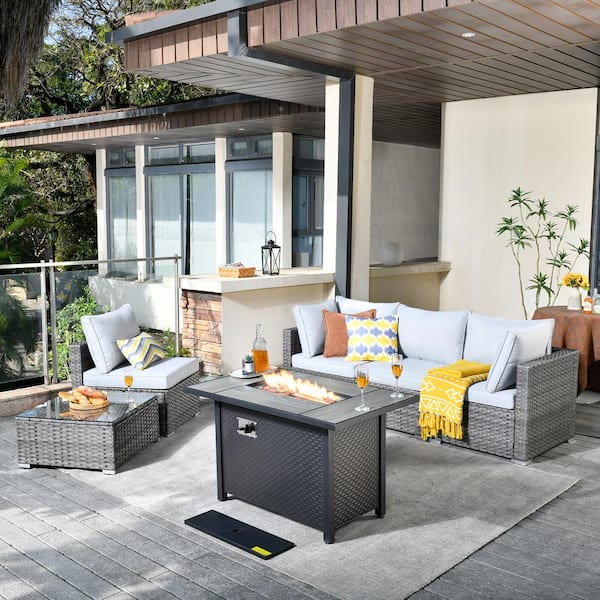 HOOOWOOO Messi Gray 6-Piece Wicker Outdoor Patio Conversation Sectional Sofa Set with a Metal Fire Pit and Light Gray Cushions
