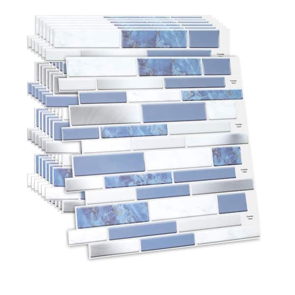 null White and Blue 12 in. x 12 in. x 0.04 in. Vinyl Peel and Stick Backsplash Tile for Kitchen (Cover 10 sq. ft.)
