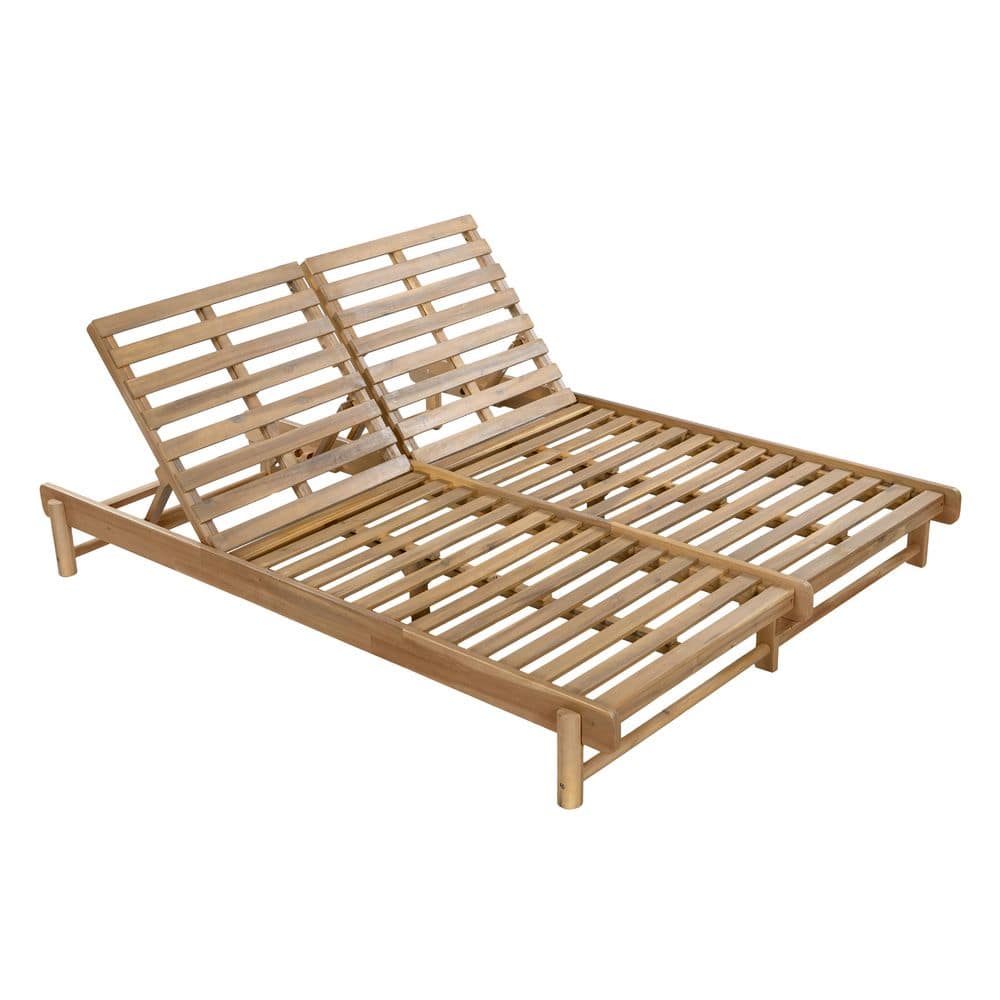 Tegan Light Teak Finish Solid Wood Patio Outdoor Double Chaise Lounge with Adjustable Backrest