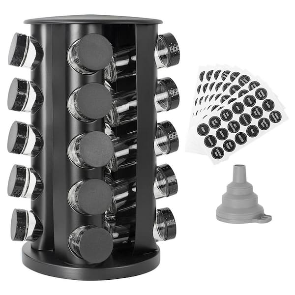 20-Shelf Black Countertop Rotating Spice Rack Organizer Set with 135 Labels and Funnel for Kitchen Storage
