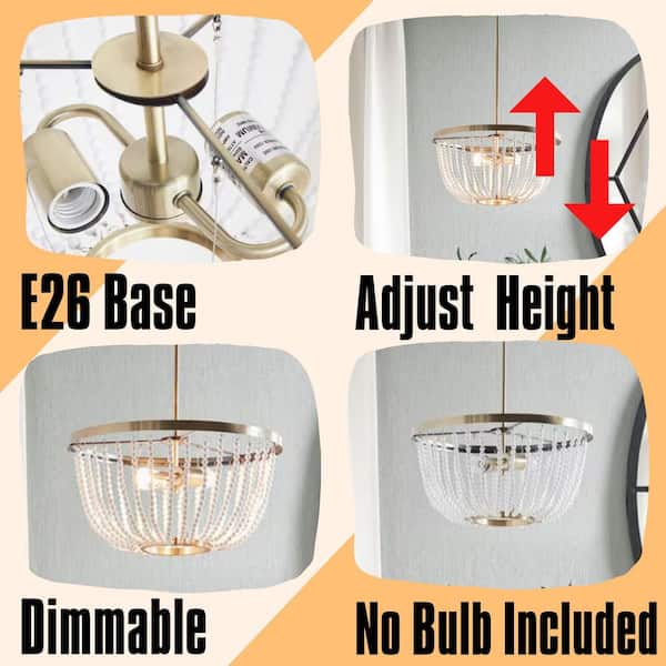 Modern 2-Light Antique Brass and White Beaded Modern Dish-Shaped Chandelier for Dining Room (No Bulb Included)