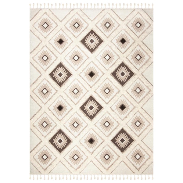 SAFAVIEH Moroccan Tassel Shag Ivory/Brown 8 ft. x 10 ft. Geometric Diamonds Area Rug