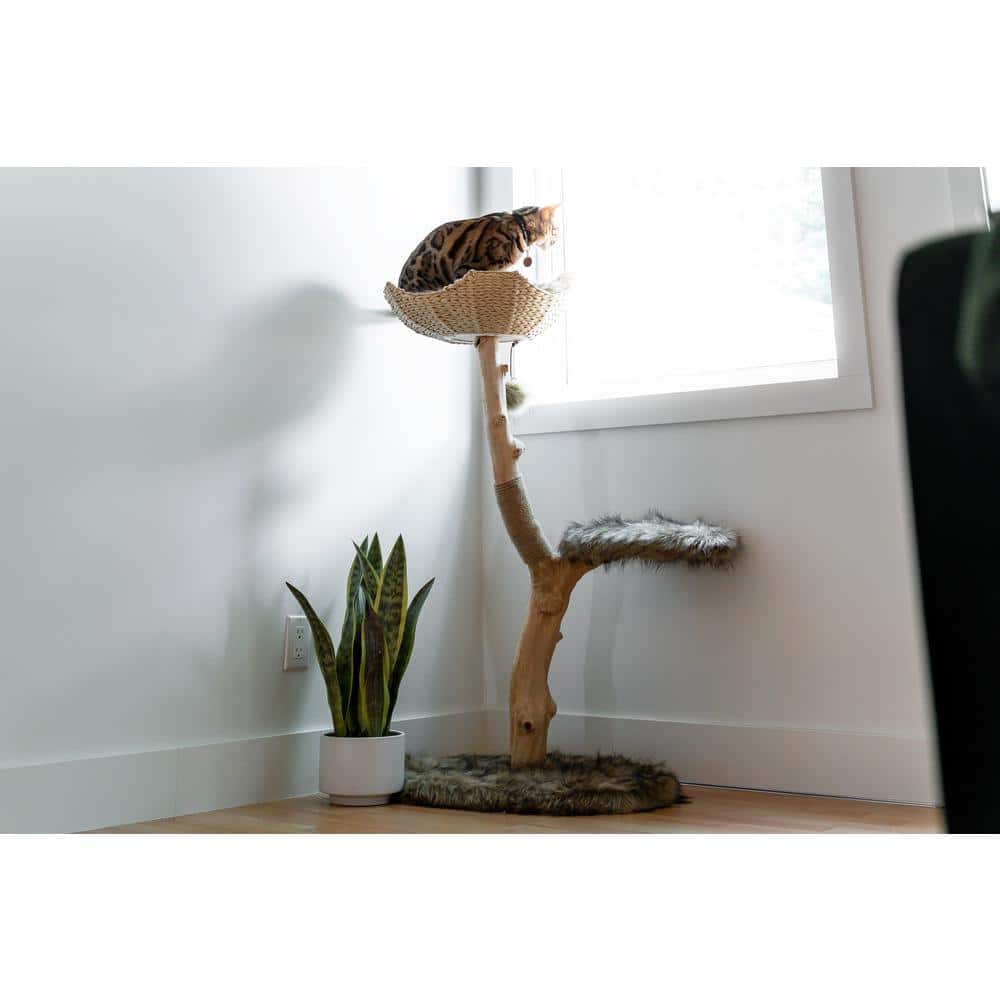 Modern Brown Faux Fur and Wicker Cat Tree Tower