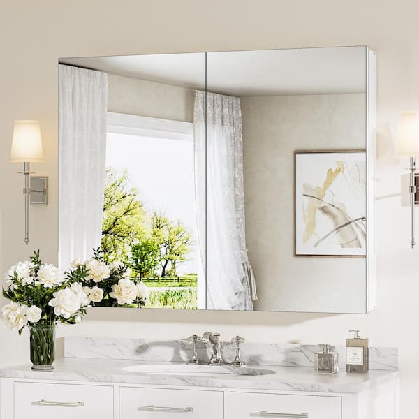 40 in. W x 32 in. H Rectangular Frameless Aluminum White Recessed or Surface Mount Medicine Cabinet with Mirror