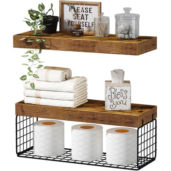 15.7 in. W x 6.7 in. D Brown Wood Bathroom Shelves Over Toilet Floating ...