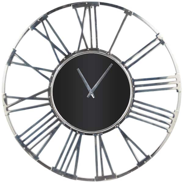 Litton Lane 35 in. x 35 in. Silver Aluminum Metal Open Frame Geometric Wall Clock with Black Glass Center