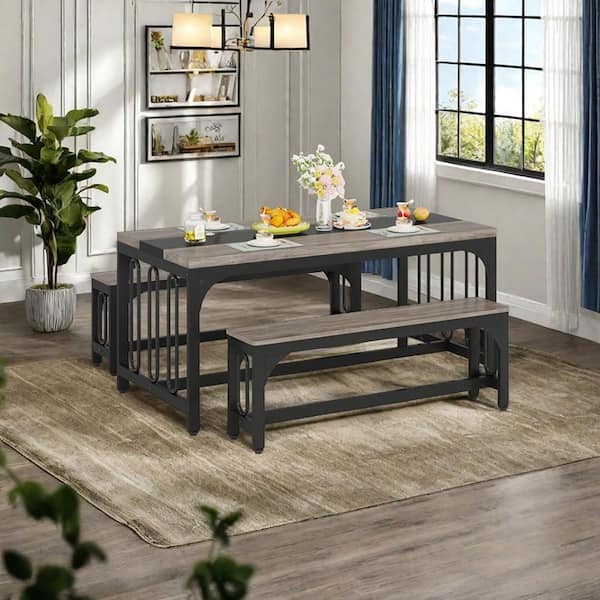 BYBLIGHT Roesler 3-Piece Gray Wood Dining Table with Bench Seats 4-6 Kitchen Table Dining Room Table Home and Living Room