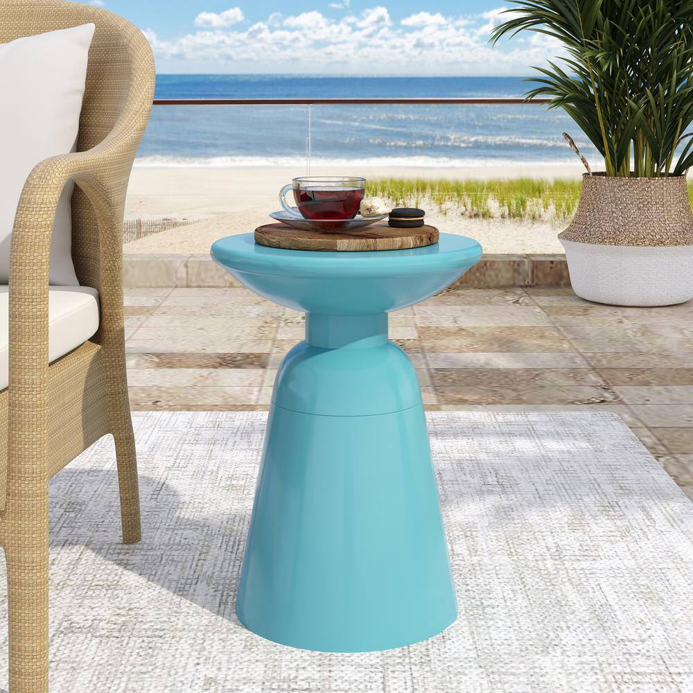 Teal Powder-Coated Iron Round Outdoor End Table
