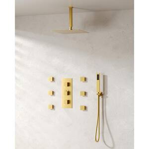 5-Spray Patterns 12 in. Ceiling Mount 2.5 GPM Rainfall Shower Faucet with 6-Jet in Brushed Gold (Valve Included)