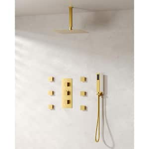 5-Spray Patterns 12 in. Ceiling Mount  Rainfall Shower Faucet with 6-Jet in Brushed Gold (Valve Included)