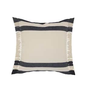 Double Border Dark Blue / White Striped Fringe Soft Poly-Fill 26 in. x 26 in. Indoor Throw Pillow