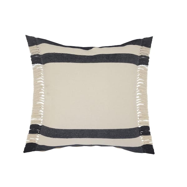 Unbranded Double Border Dark Blue / White Striped Fringe Soft Poly-Fill 26 in. x 26 in. Indoor Throw Pillow