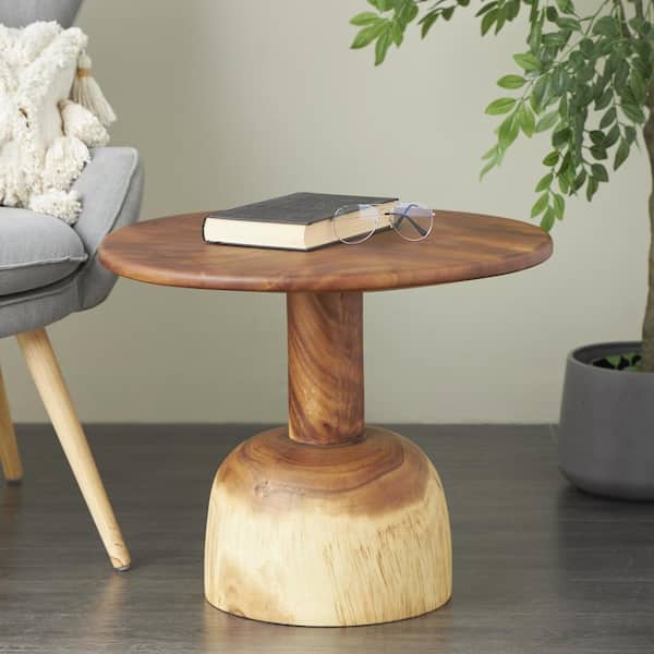 Litton Lane 19 in. x 24 in. Brown Round Wood Handmade Coffee Table with Rounded Block Base