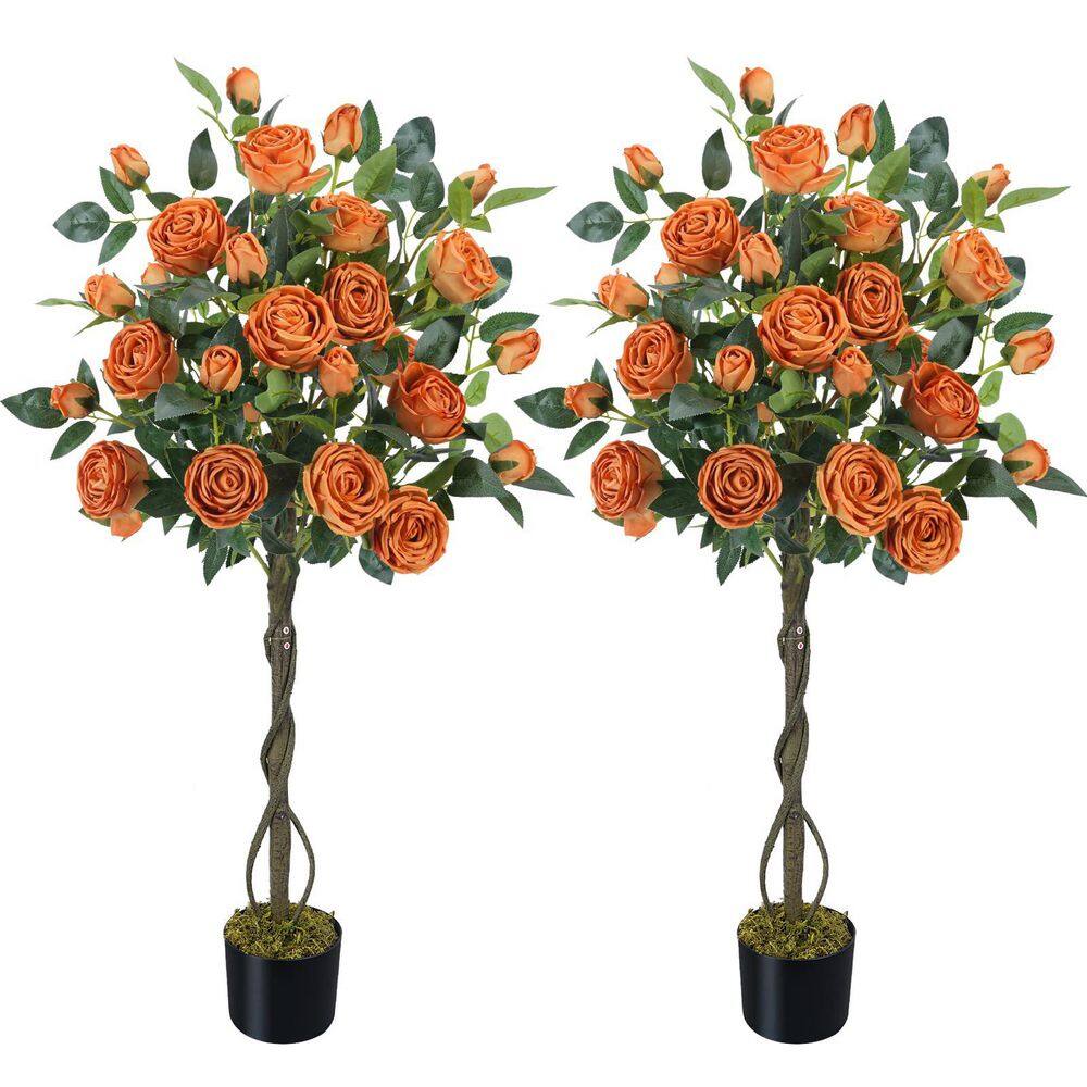 2-Pack 4 ft. Artificial Orange Rose Trees in Black Pots with 52 Blooms ...