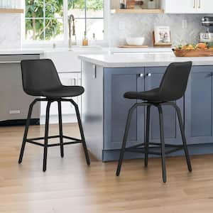 Dennis 37 in. Faux Leather Bar Stools Metal Frame With Upholstered Swivel Counter Height Bar Stools in Black (Set of 2)