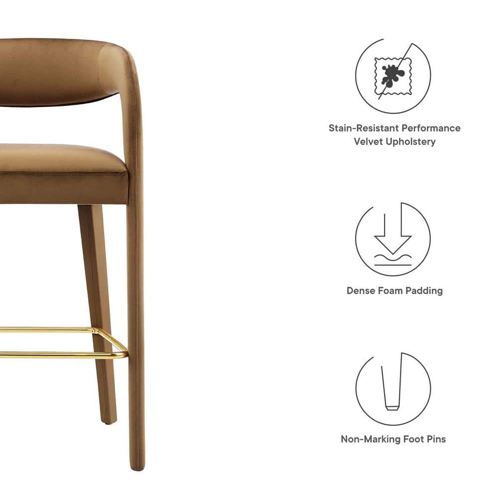 Pinnacle Brown Gold Velvet Bar Stools with Curved Backrest, Set of 2