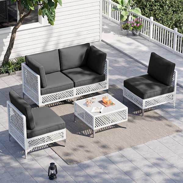 White 5-Piece Wicker Patio Conversation Set with Gray Cushions and Coffee Table