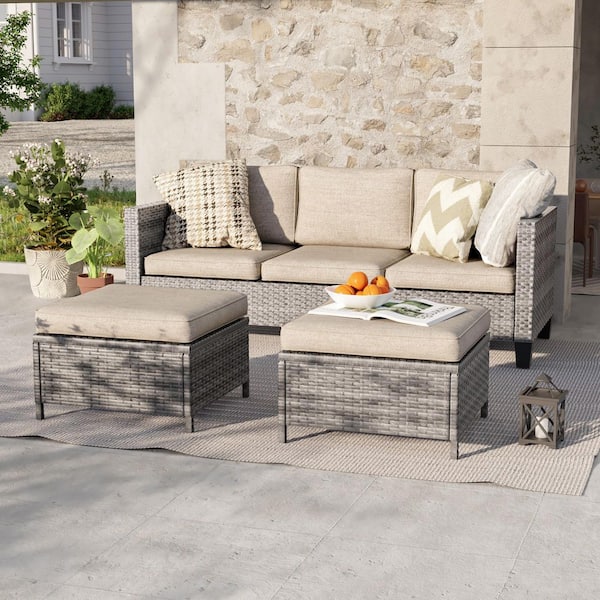 JOYESERY 3-Seater Patio Gray Wicker Sofa set with Ottomans, Linen Flax Beige Cushion