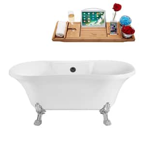 60 in. Acrylic Clawfoot Non-Whirlpool Bathtub in Glossy White With Polished Chrome Clawfeet And Matte Black Drain