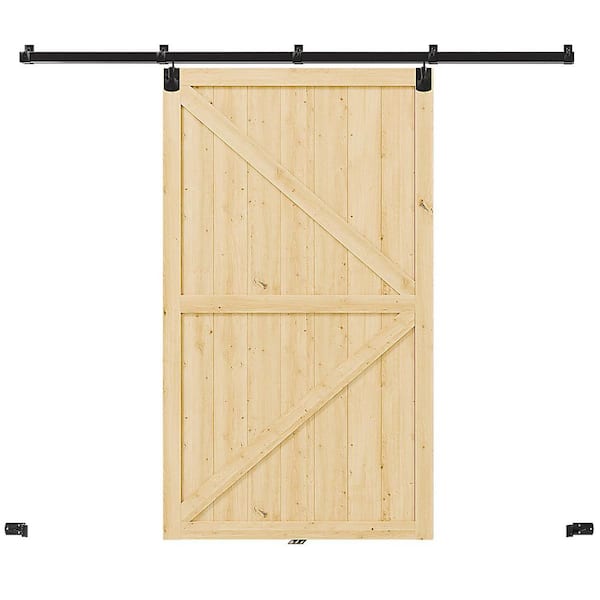 48 in. x 80 in. K-Shaped, Solid Pine Wood, Light Brown Primed Exterior Sliding Barn Door with Hardware Kit