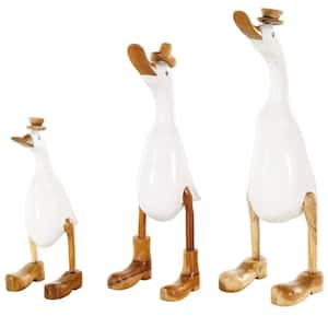 White Bamboo Wood Duck Sculpture with Brown Top Hats and Shoes (Set of 3)