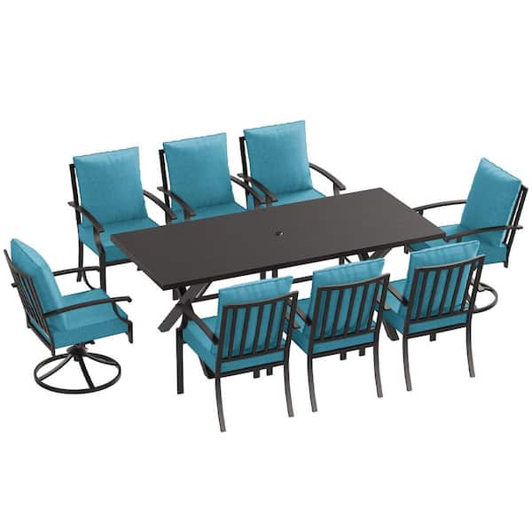 9-Piece Black Metal Patio Outdoor Dining Set with Swivel&fixed Chairs, Rectangle Table, Umbrella Hole and Blue Cushions.