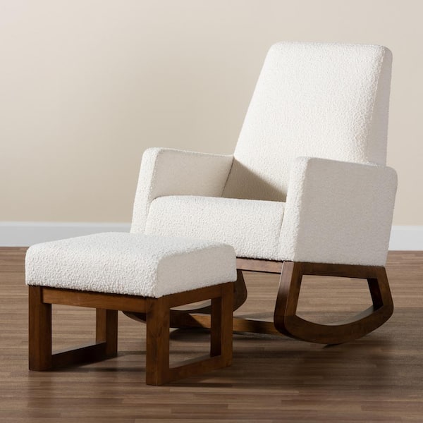 Yashiya Off-White and Walnut Brown Rocking Chair and Ottoman Set