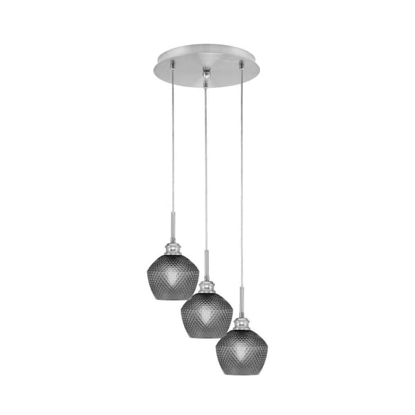 Unbranded Savannah 13 in. 3-Light Brushed Nickel Cord Pendant Light Smoke Textured Glass Shade