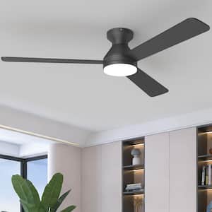 52 in. Dimmable LED Indoor/Outdoor Black Flush Mount Ceiling Fan with Light and Remote, 6 Speeds DC Reversible Noiseless