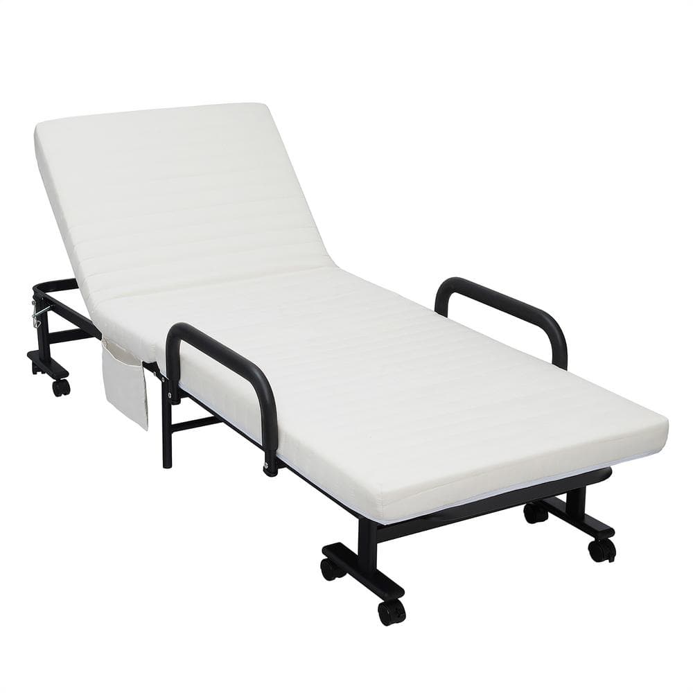 White Twin Folding Metal Frame Bed with Upholstered Mattress and Drawer