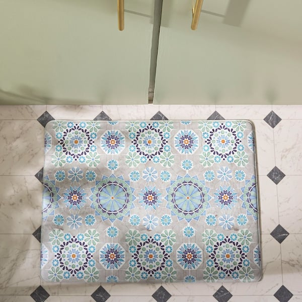Kitchen Mat 2 ft. x 2 ft. Ivory/Blue Mediterranean Tile Mosaic Area Rug