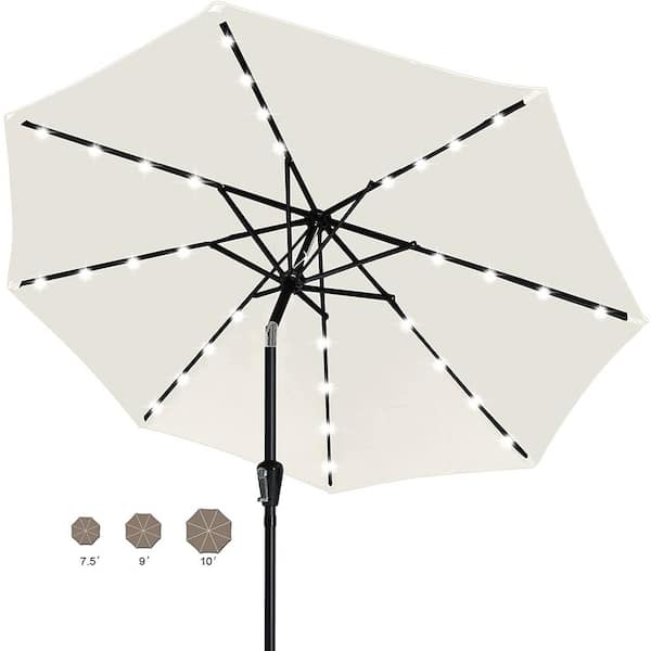 SKONYON 10 ft. Steel Market Tilt Patio Umbrella with Crank and Solar LED in Beige