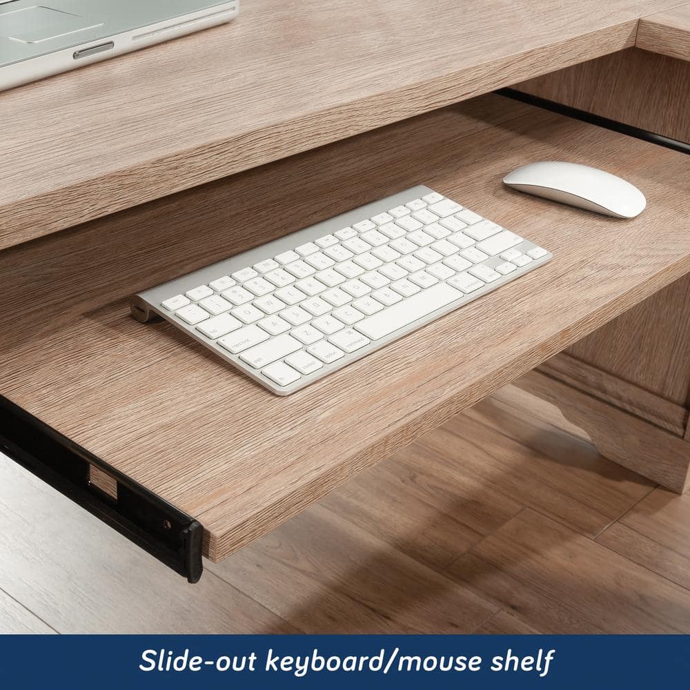 Brushed Oak L-Shaped Corner Desk with Hutch and Drawers