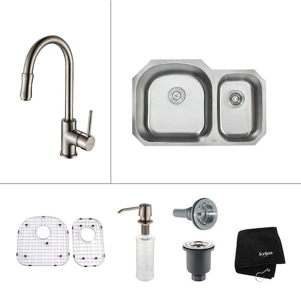 KRAUS All-in-One Undermount Stainless Steel 32 in. Double Basin Kitchen Sink with Faucet and Accessories in Satin Nickel