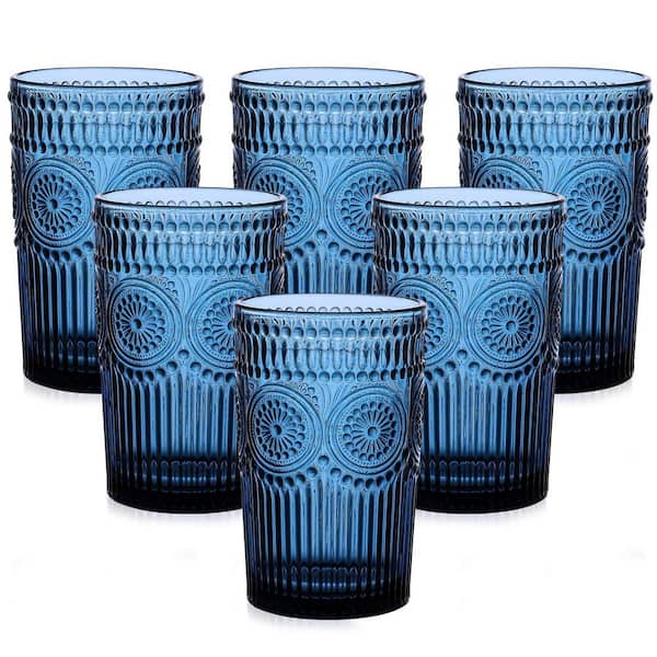 Wudkey 13 oz. Blue Vintage Drinking Glasses Set of 6, Embossed Striped Drinkware for Water, Cocktails, Juice, Iced Coffee