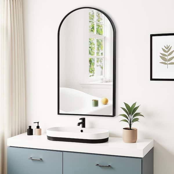 20 in. W x 40 in. H Modern Arched Metal Framed Wall Mounted Bathroom Vanity Mirror in Black