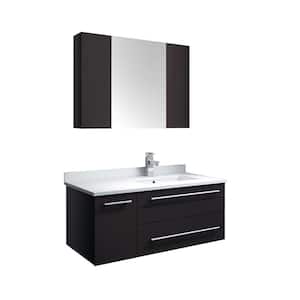 Lucera 36 in. W Wall Hung Vanity in Espresso with Quartz Stone Vanity Top in White with White Basin and Medicine Cabinet