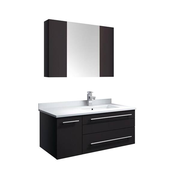 Fresca Lucera 36 in. W Wall Hung Vanity in Espresso with Quartz Stone Vanity Top in White with White Basin and Medicine Cabinet