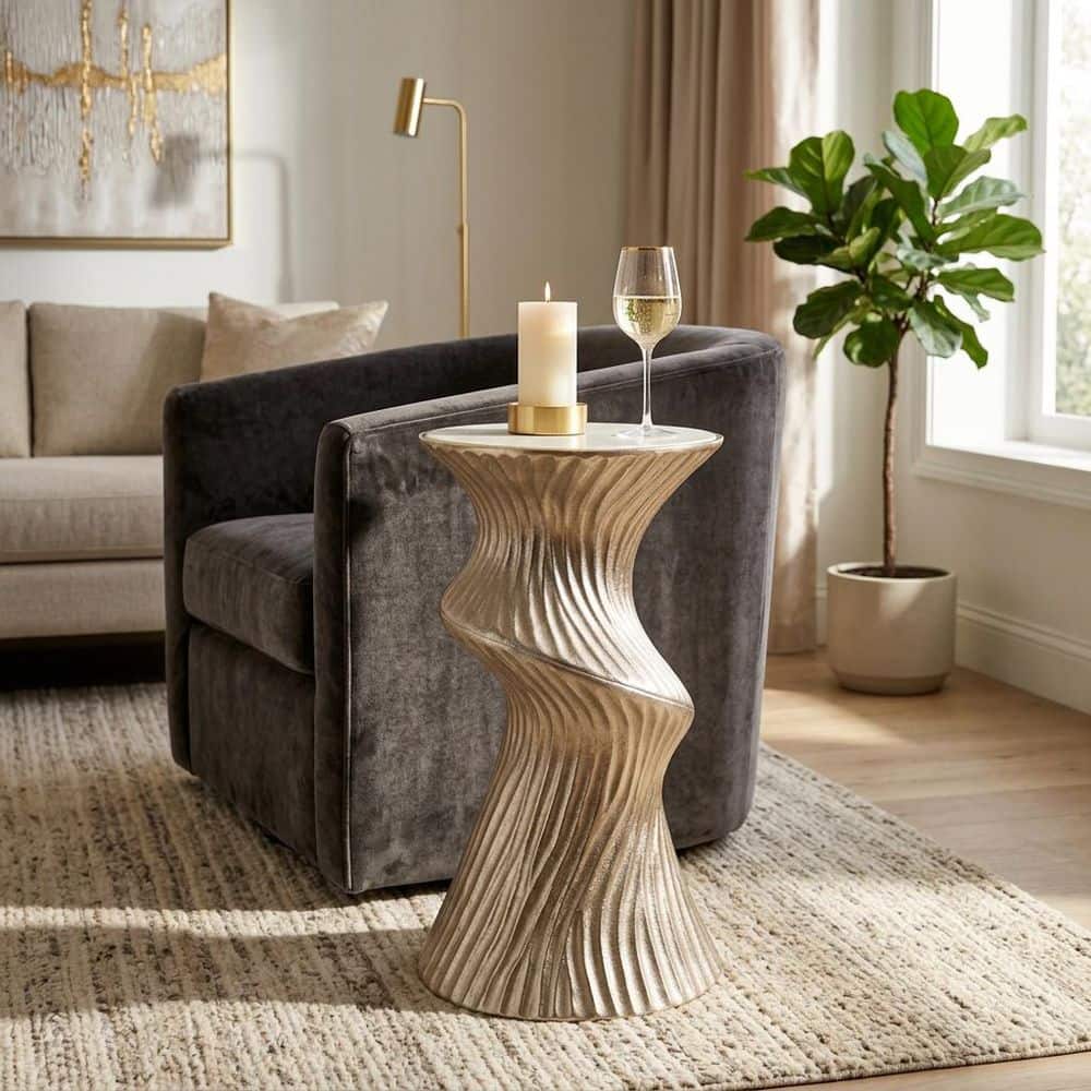 15 in. Gold Round Marble Small Textured Base Accent End Table