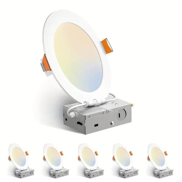 6 Pack 6 Inch 5CCT Ultra-Thin LED Recessed Ceiling Light with Junction Box, 1050LM Brightness, Dimmable 12W, ETL