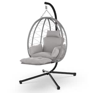 Alice Grey Egg Chair Patio Hanging Basket Chair, Rattan Wicker Swing Chair with UV Resistant Cushion and Pillow