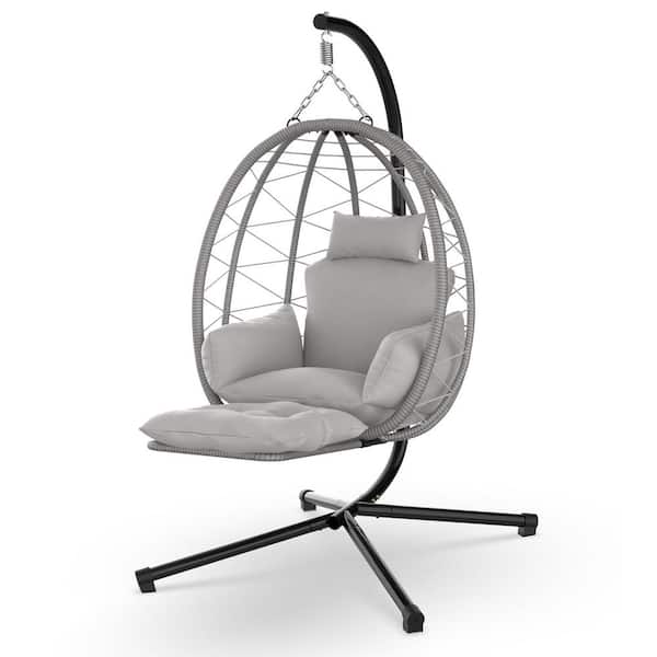 SEEUTEK Alice Grey Egg Chair Patio Hanging Basket Chair, Rattan Wicker Swing Chair with UV Resistant Cushion and Pillow