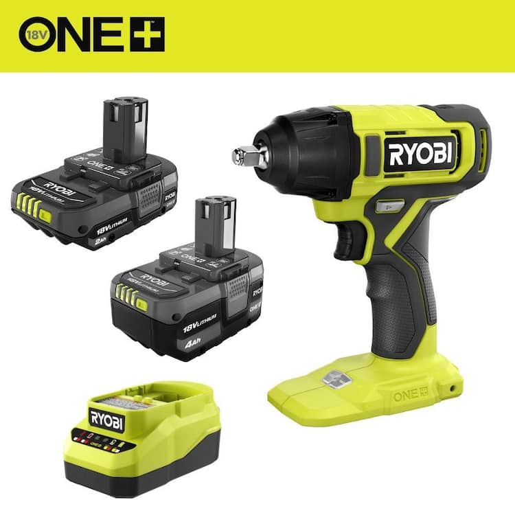 RYOBI ONE+ 18V Lithium-Ion Cordless 3/8 inch Impact Wrench Special Buy Kit with (1) 4Ah LI Batt, (1) 2Ah LI Batt, (1) 2A Chrgr