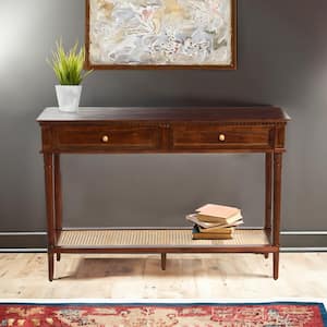 Maxwelton 48 in. Dark Chestnut Finish Acacia Wood Console Table with Drawers and Woven Cane Shelf